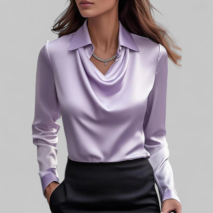 Women’s Draped Neck Long Sleeve Blouse with Satin-Like Finish