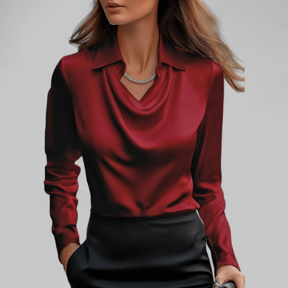 Women’s Draped Neck Long Sleeve Blouse with Satin-Like Finish