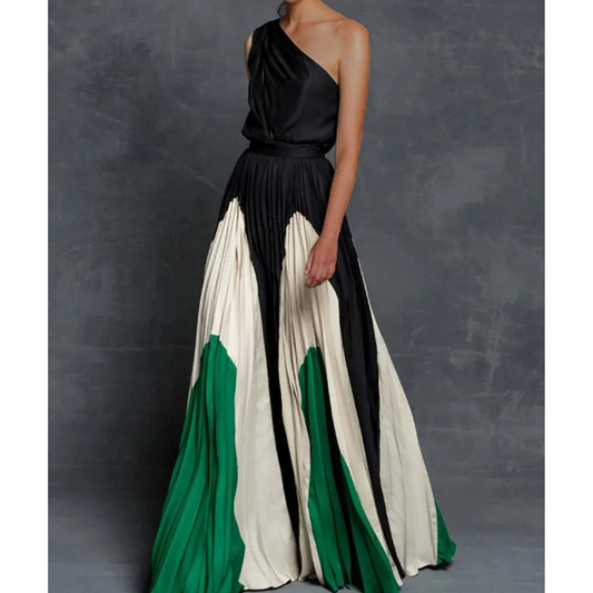 Women’s One Shoulder Artistic Pleated Elegant Evening Maxi Dress