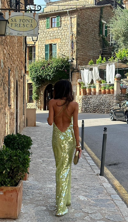 Women’s Sequin Square Neck Fitted Elegant Summer Maxi Dress