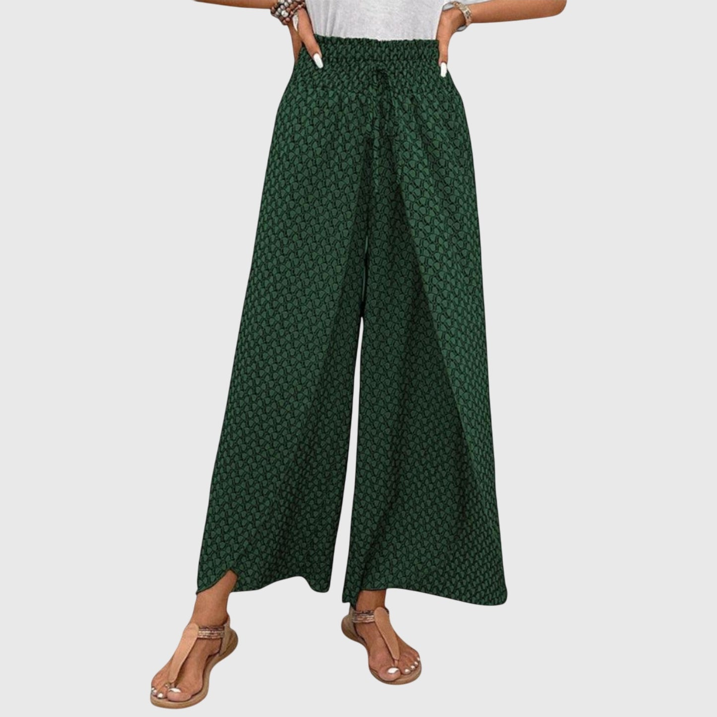 Women’s Wide Leg Printed Pants with Pull-On Waist and Flowing Fit