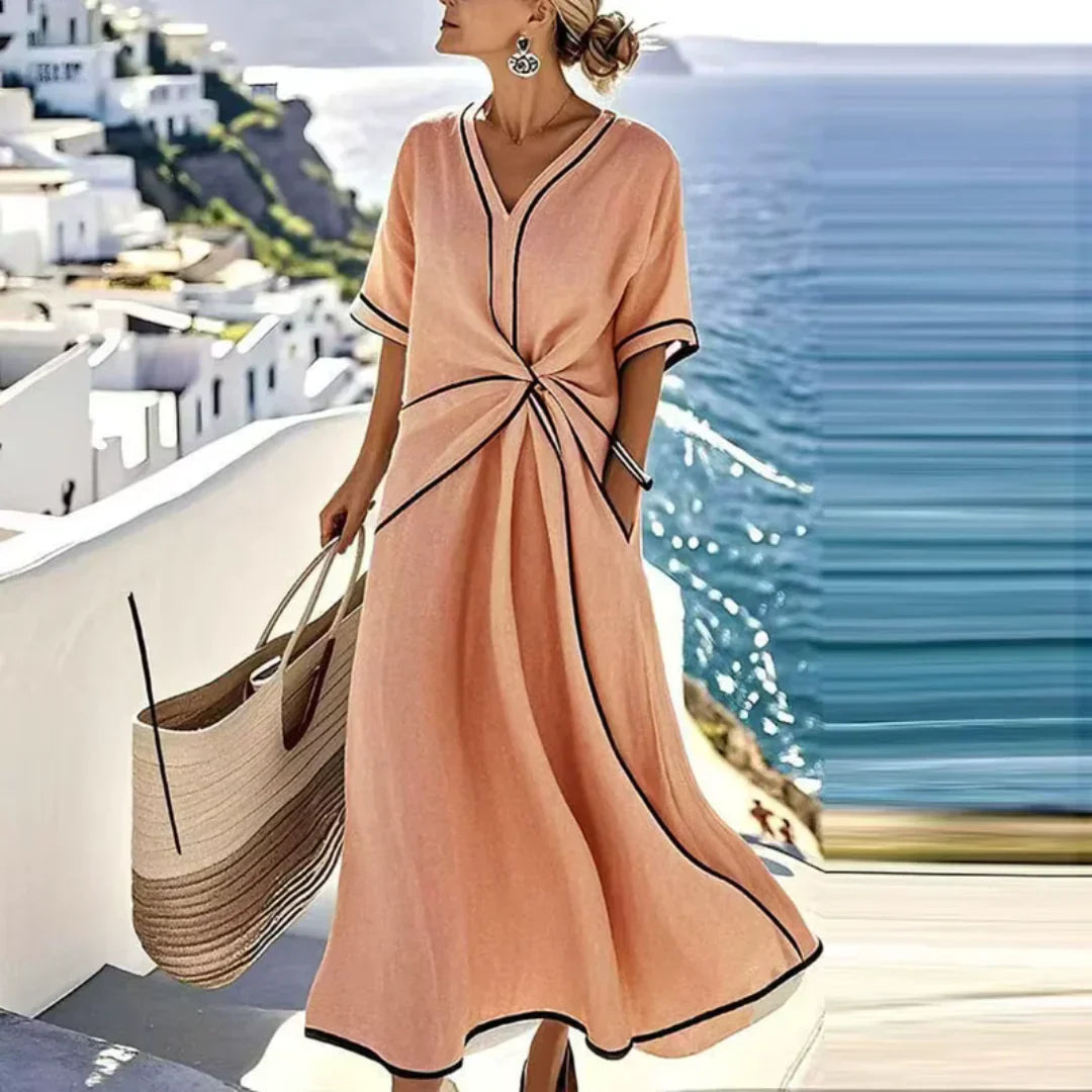 Women’s Wrap Style V Neck Relaxed Fit Elegant Midi Dress