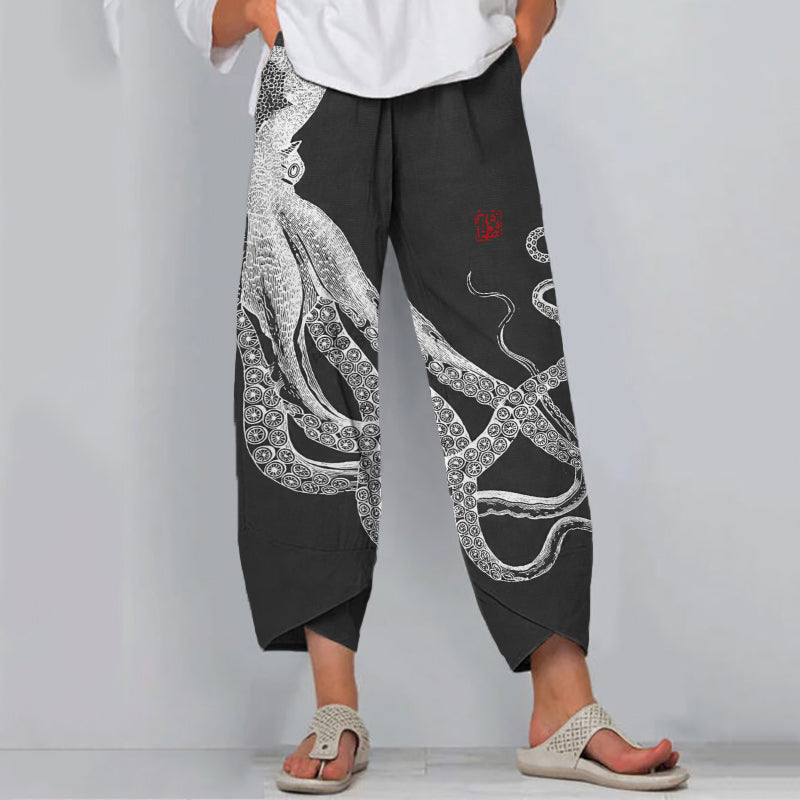 Women's Octopus Print Wide Leg Pants – Relaxed Fit Lightweight Casual Summer Trousers