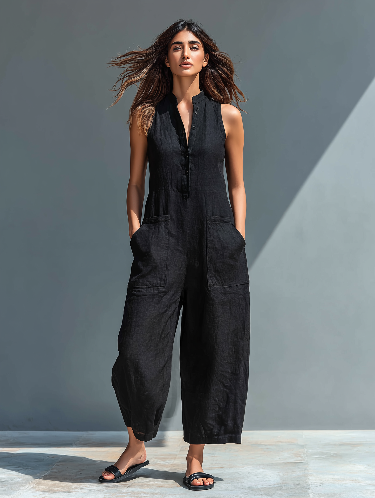 Women's Minimalist Linen Jumpsuit Sleeveless Wide Leg Relaxed Fit Casual Outfit