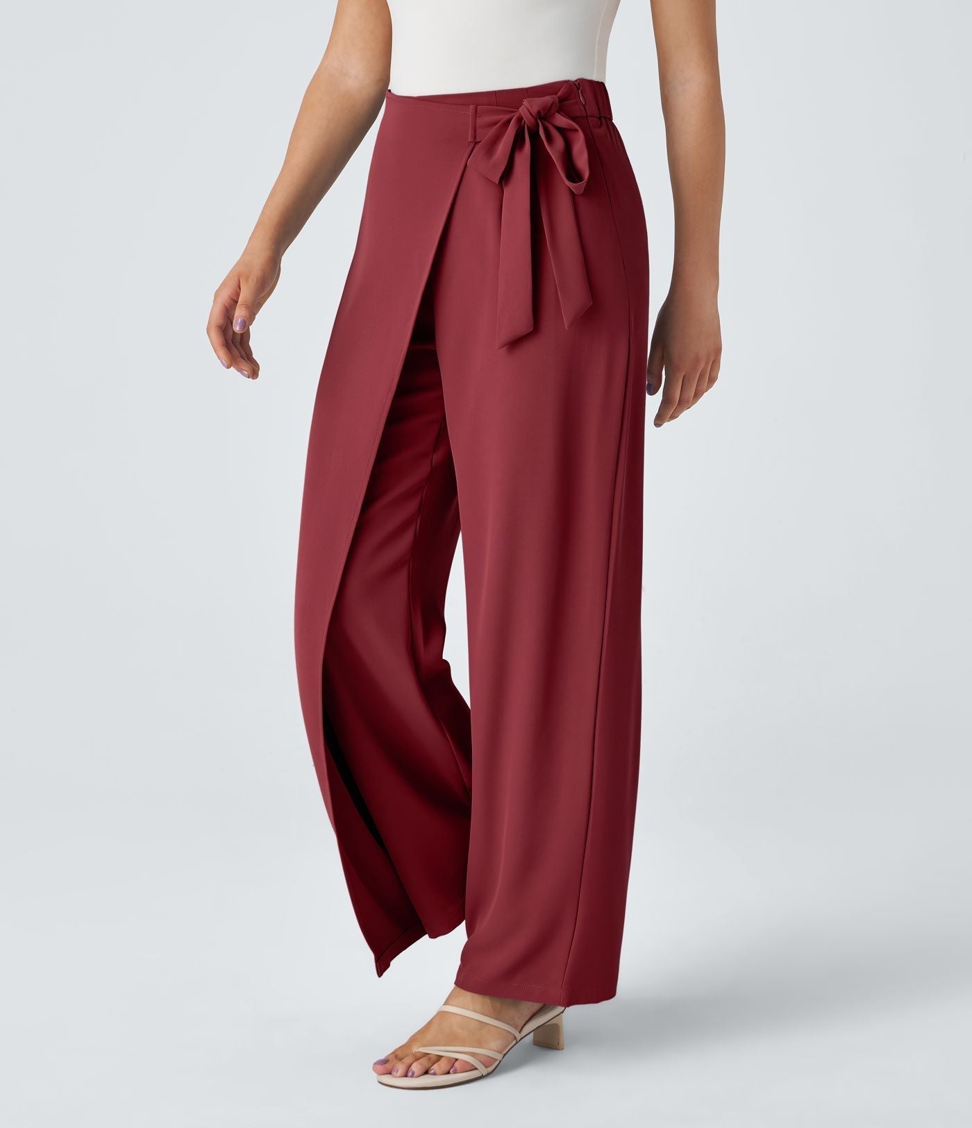 Women’s High Waist Wrap Pants with Wide Leg and Side Slit