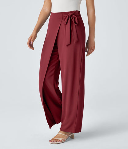 Women’s High Waist Wrap Pants with Wide Leg and Side Slit