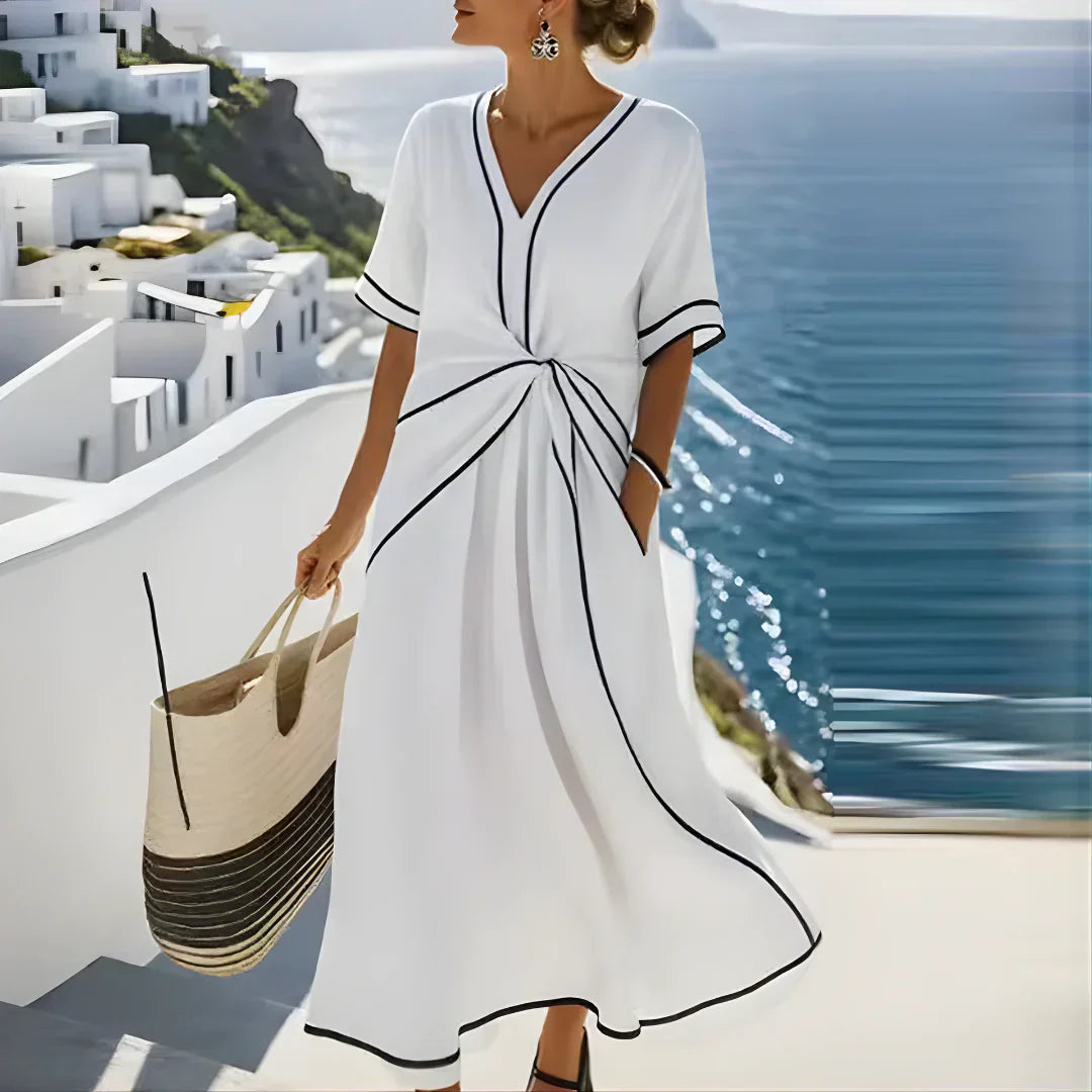 Women’s Wrap Style V Neck Relaxed Fit Elegant Midi Dress