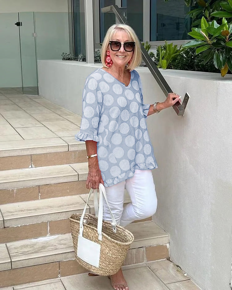 Women's Polka Dot V-Neck Blouse Relaxed Fit Lightweight Casual Summer Top