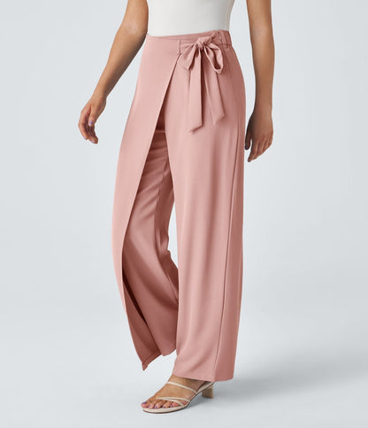 Women’s High Waist Wrap Pants with Wide Leg and Side Slit
