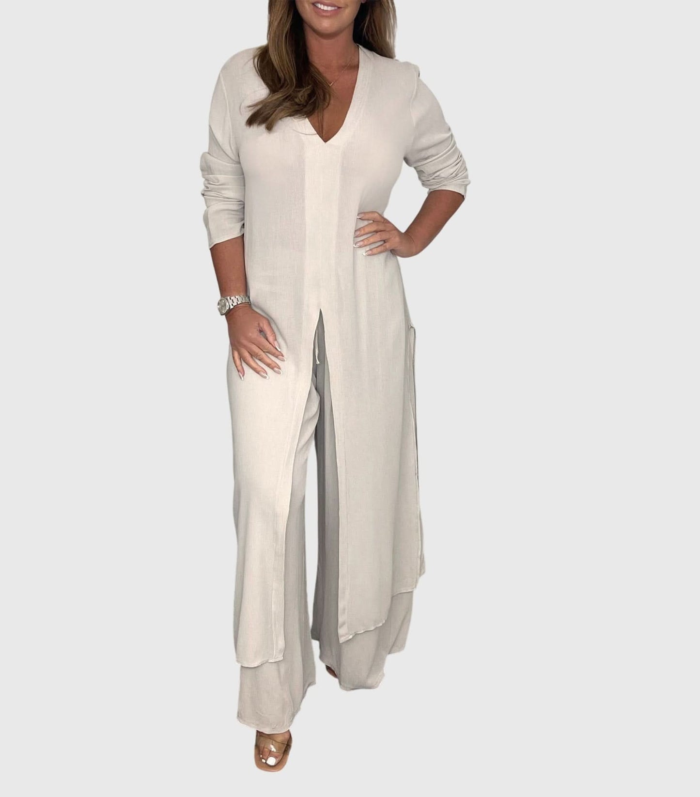 Women's Elegant Two Piece Set Long Top and Wide Leg Pants Outfit