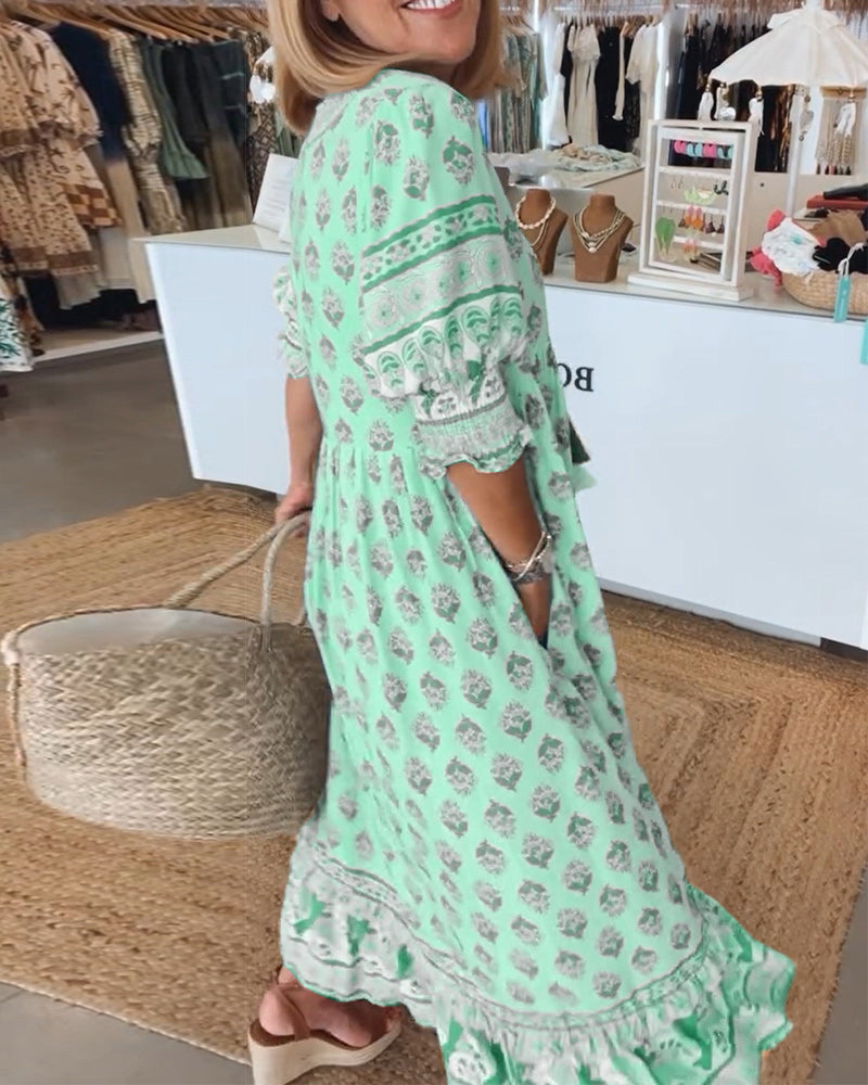 Women's Printed V-Neck Midi Dress with Relaxed Fit