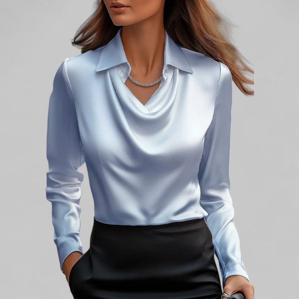 Women’s Draped Neck Long Sleeve Blouse with Satin-Like Finish