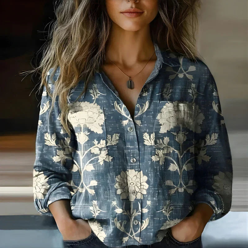 Women's Vintage Print Button Up Blouse with Relaxed Fit