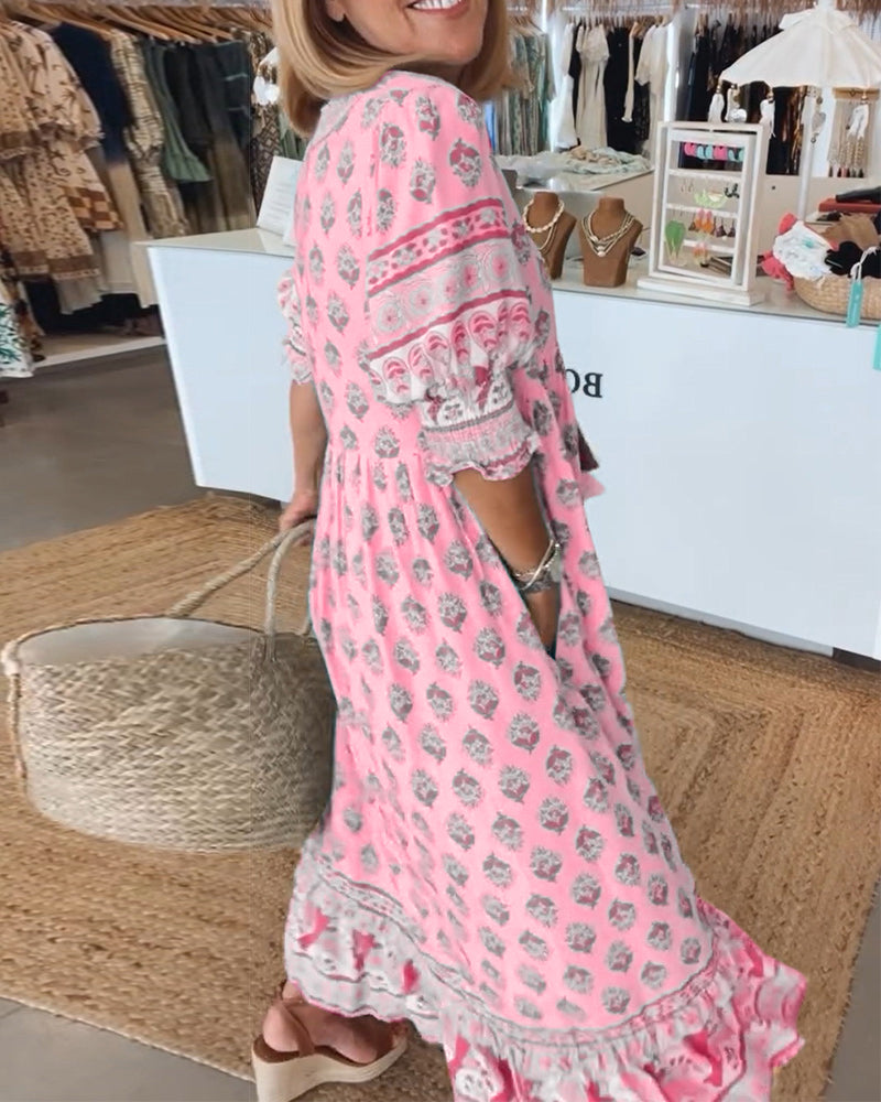 Women's Printed V-Neck Midi Dress with Relaxed Fit