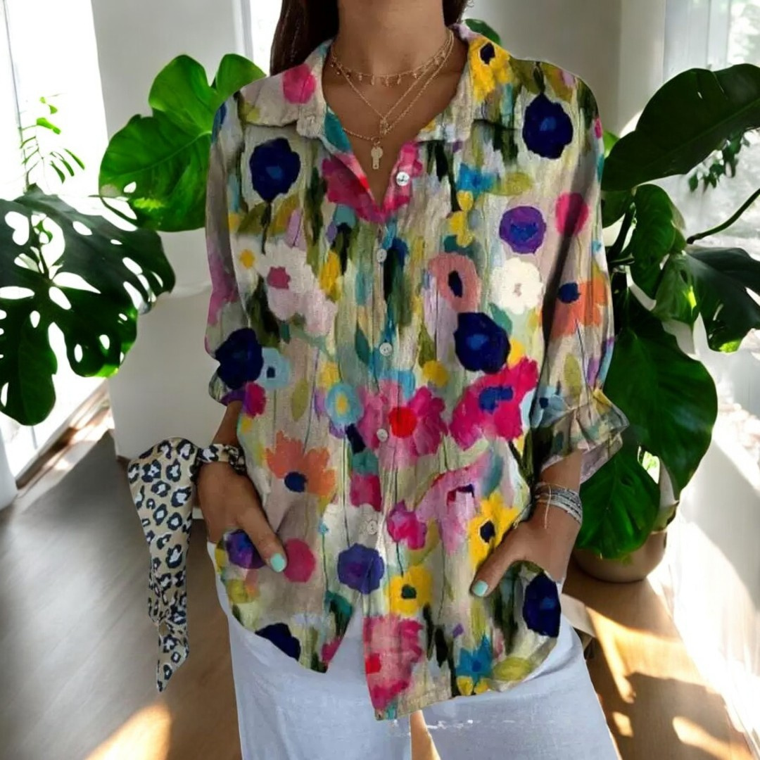 Women's V-Neck Button Blouse  Elegant Relaxed Fit Lightweight Work Shirt
