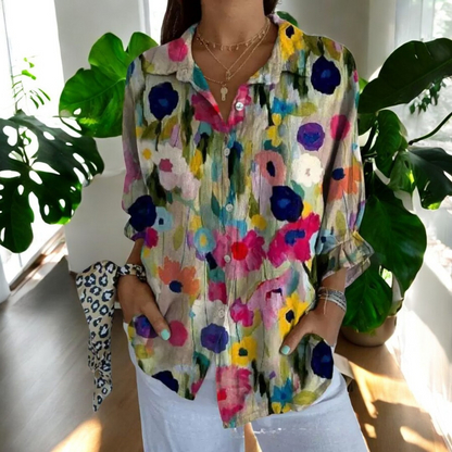 Women's V-Neck Button Blouse  Elegant Relaxed Fit Lightweight Work Shirt