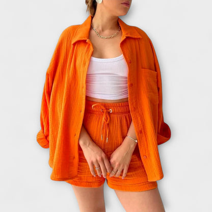 Women's Casual Two Piece Summer Set Shirt and Shorts Relaxed Fit Outfit
