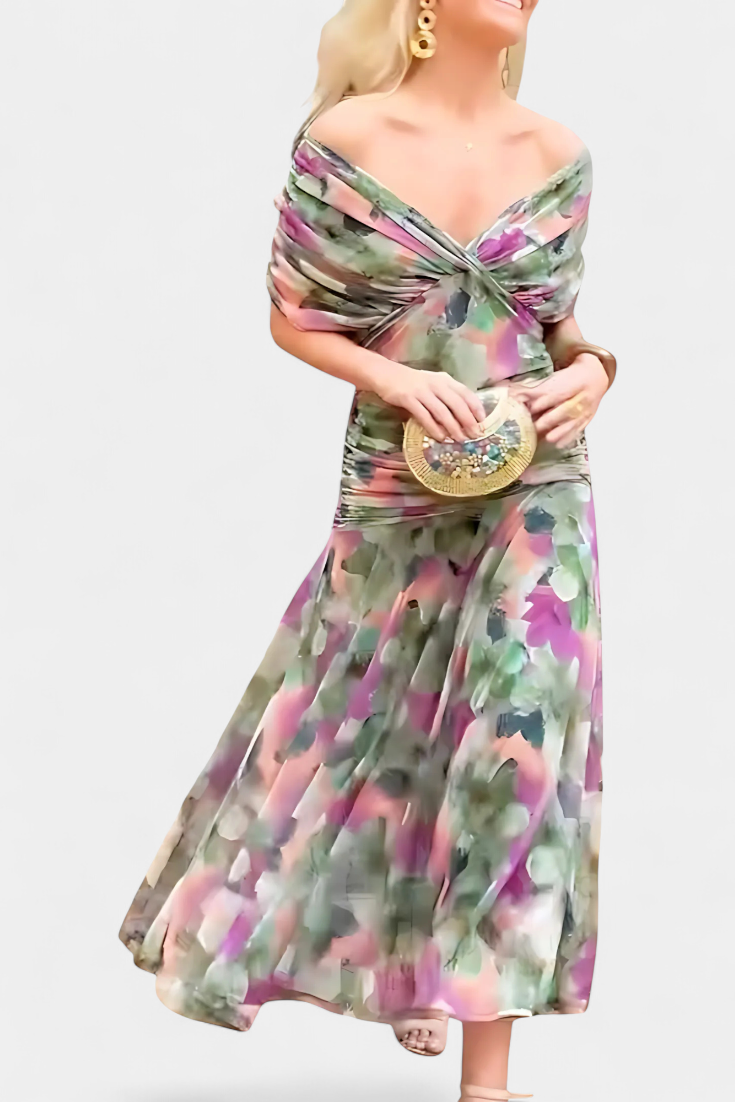 Women’s Off Shoulder Midi Dress with Fitted Waist and Flowing Skirt