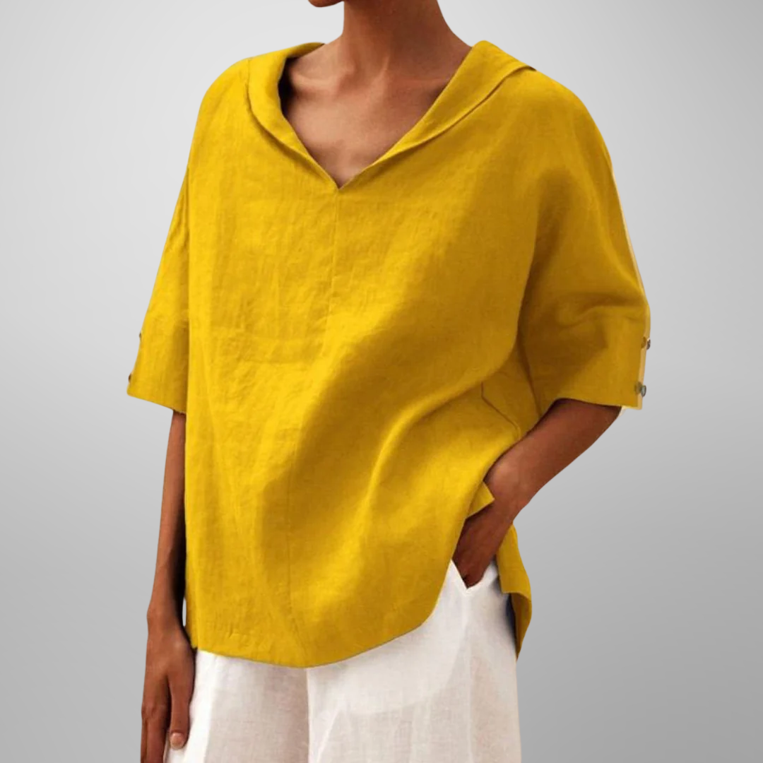 Women's Relaxed Fit Blouse with V-Neck and Short Sleeves