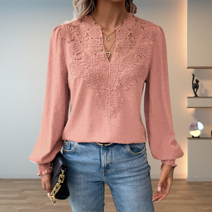 Women's Elegant Lace V-Neck Blouse Slim Fit Long Sleeve Casual Chic Top