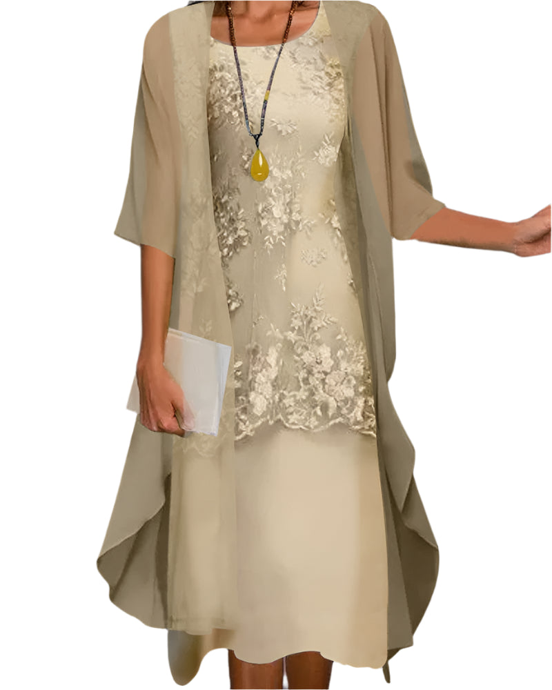 Women’s Sheer Sleeve Lace Overlay Elegant Flowing Midi Dress