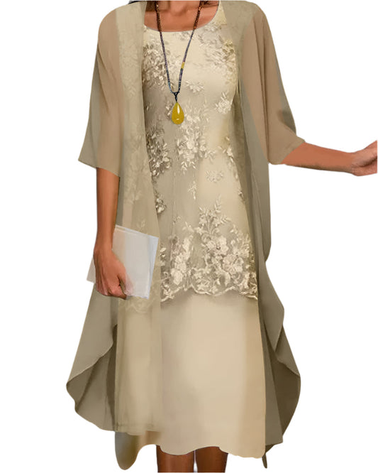 Women’s Sheer Sleeve Lace Overlay Elegant Flowing Midi Dress