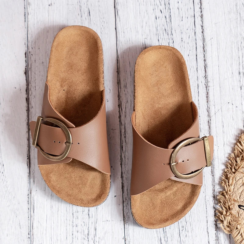Women’s Cork Footbed Slide Sandals with Buckle Strap and Cross Design