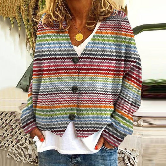 Boho Gestreifte Strickjacke Mit Knöpfen Damen
