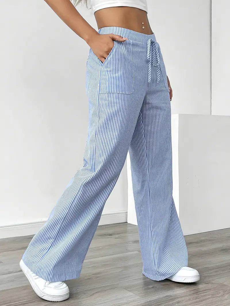 Women’s Wide Leg Striped Pants with Elastic Waist and Drawstring