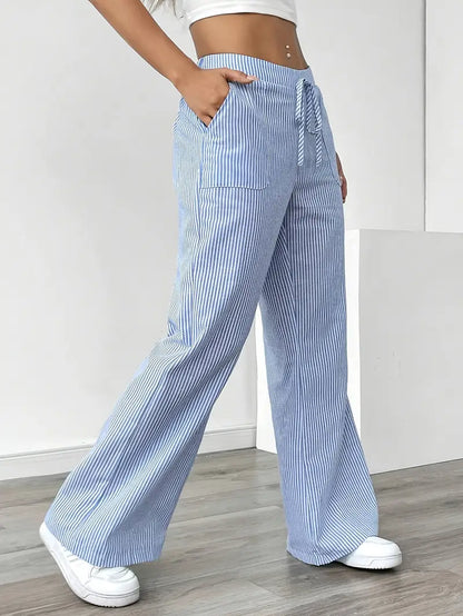 Women’s Wide Leg Striped Pants with Elastic Waist and Drawstring