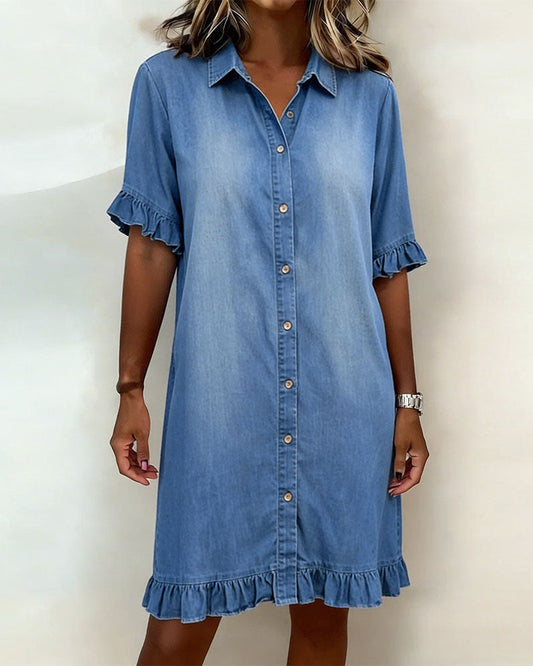 Women's Denim Shirt Dress with Button Front and Ruffle Sleeves