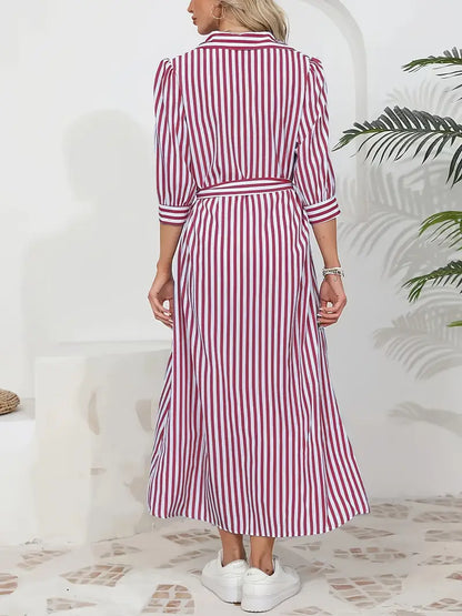 Women’s Striped Belted Button Down Elegant Shirt Midi Dress