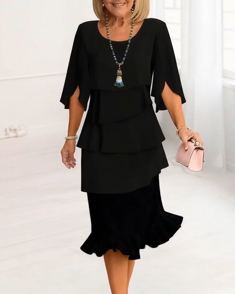 Women's Elegant Midi Dress with Ruffle Layers and Split Sleeves