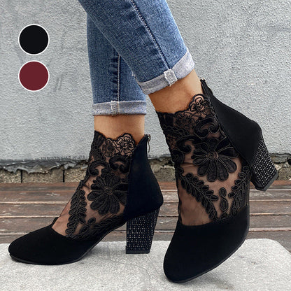 Women's Lace Panel Block Heel Ankle Orthopedic Boots