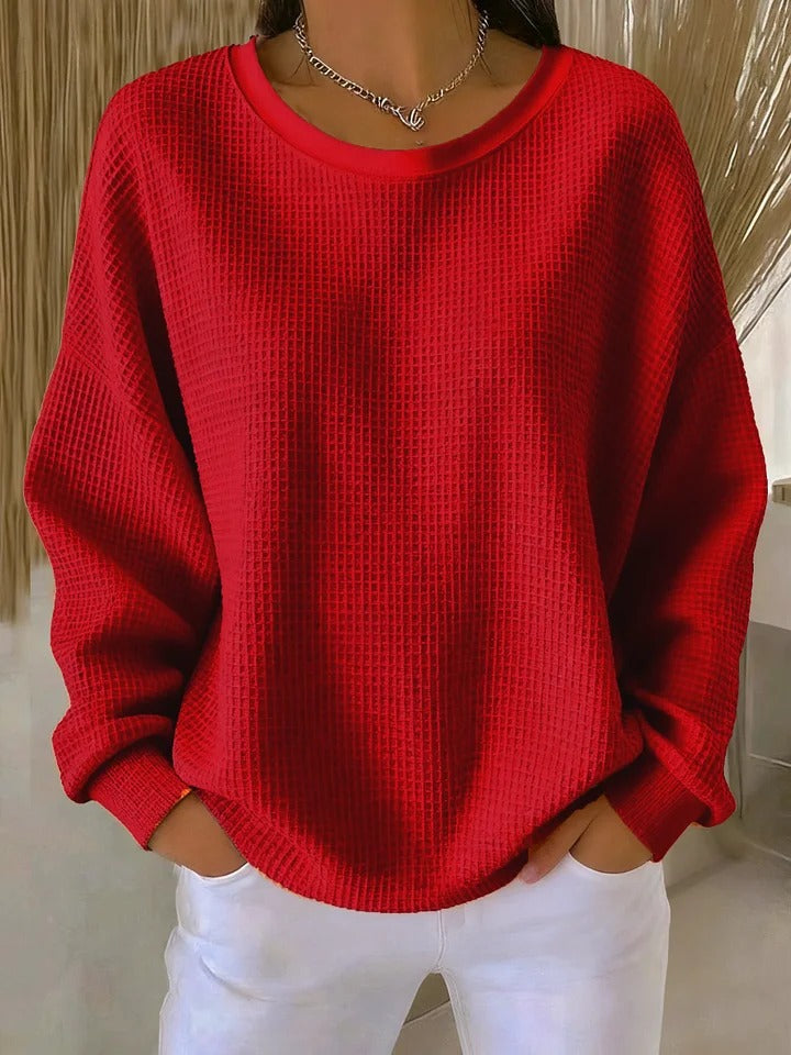 Women's Waffle Knit Long Sleeve Top with Round Neck