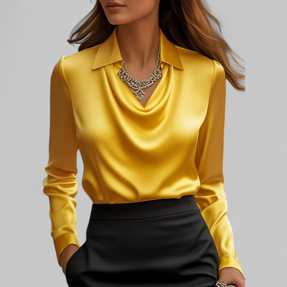 Women’s Draped Neck Long Sleeve Blouse with Satin-Like Finish