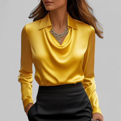 Women’s Draped Neck Long Sleeve Blouse with Satin-Like Finish