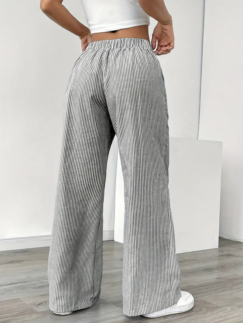 Women’s Wide Leg Striped Pants with Elastic Waist and Drawstring