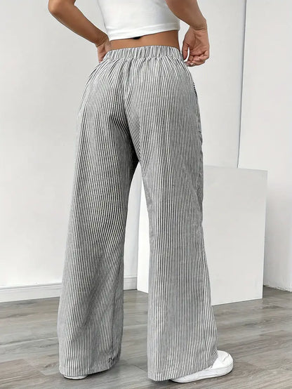 Women’s Wide Leg Striped Pants with Elastic Waist and Drawstring
