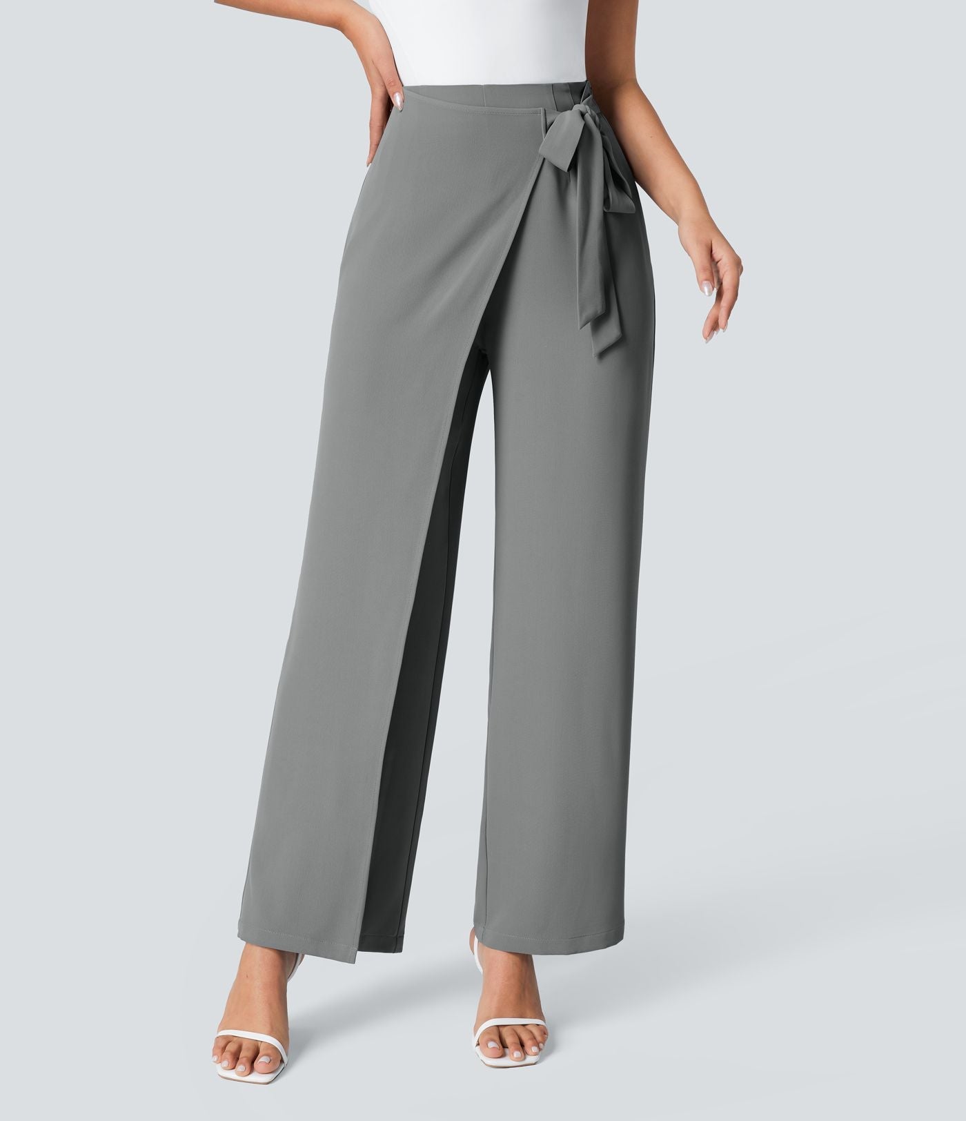 Women’s High Waist Wrap Pants with Wide Leg and Side Slit