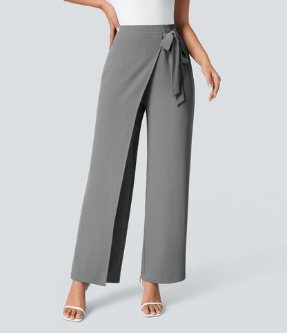 Women’s High Waist Wrap Pants with Wide Leg and Side Slit