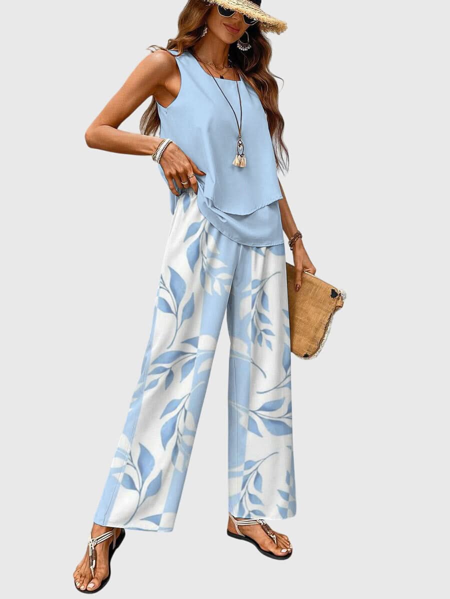 Women's Floral Print Two Piece Set Sleeveless Top and Wide Leg Pants Outfit