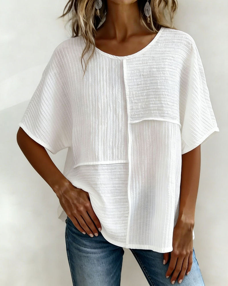 Women's Textured Patchwork Top with Round Neck and Short Sleeves