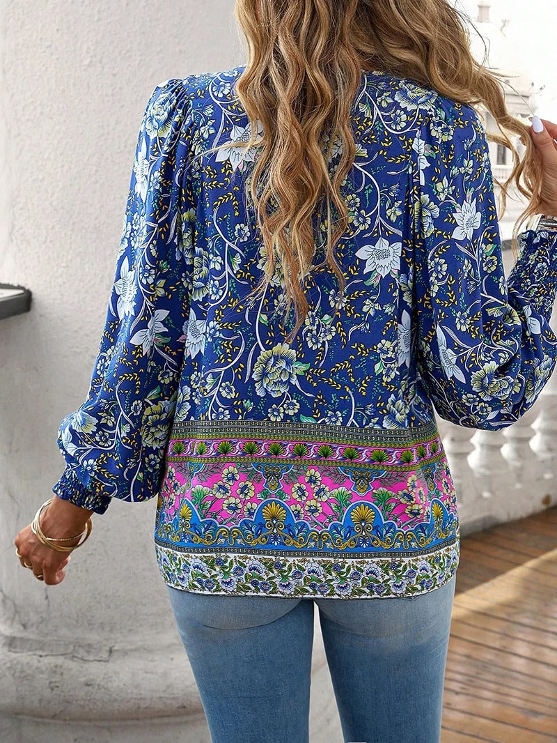 Women's Boho Floral V-Neck Blouse Loose Fit Lightweight Summer Casual Top