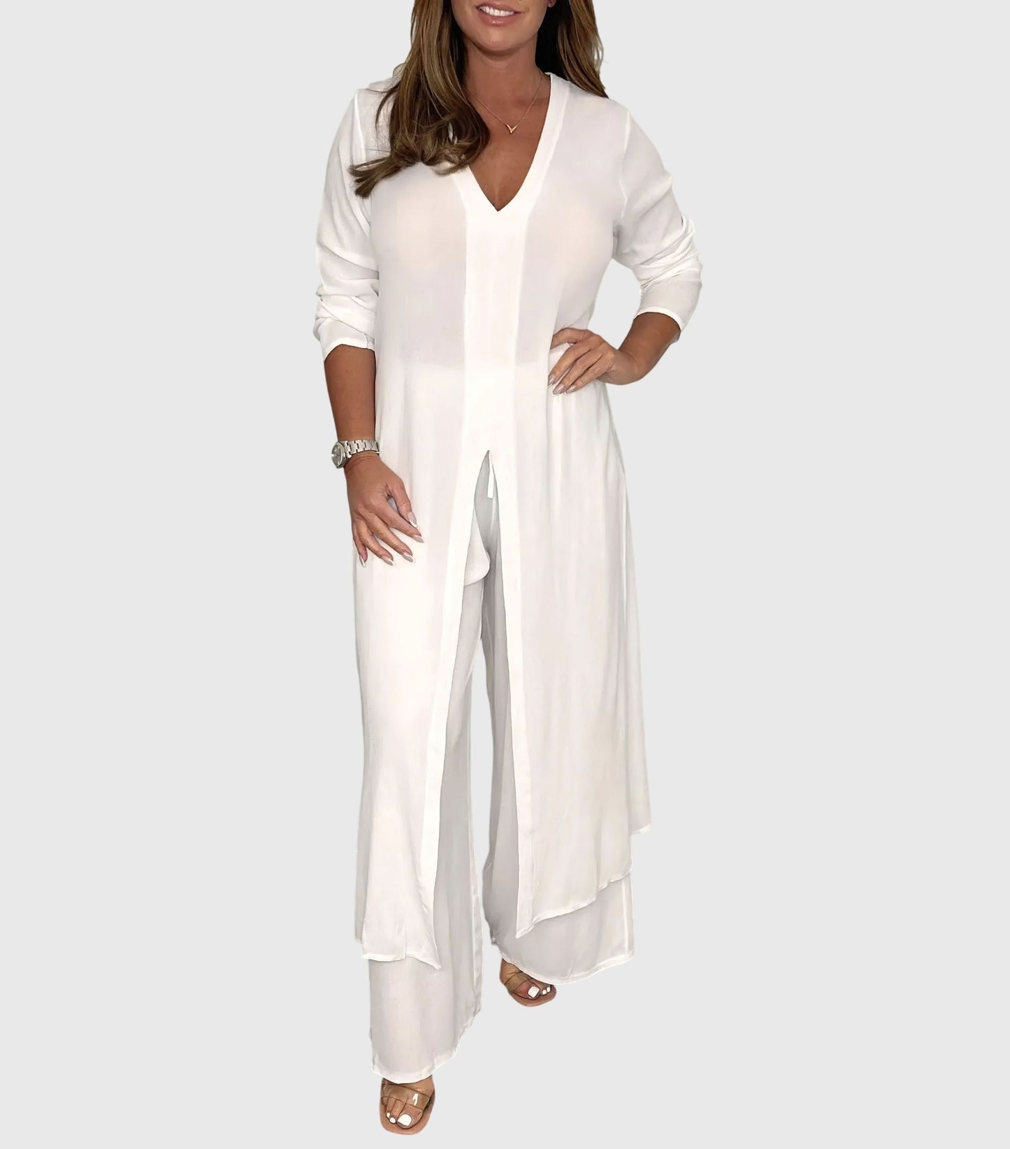 Women's Elegant Two Piece Set Long Top and Wide Leg Pants Outfit