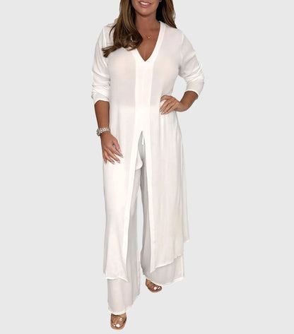 Women's Elegant Two Piece Set Long Top and Wide Leg Pants Outfit