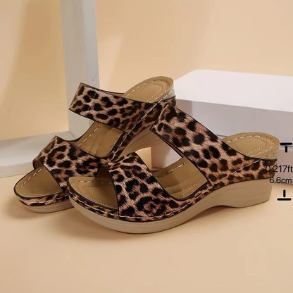 Women's Leopard Print Wedge Slide Sandals with Cushioned Insole