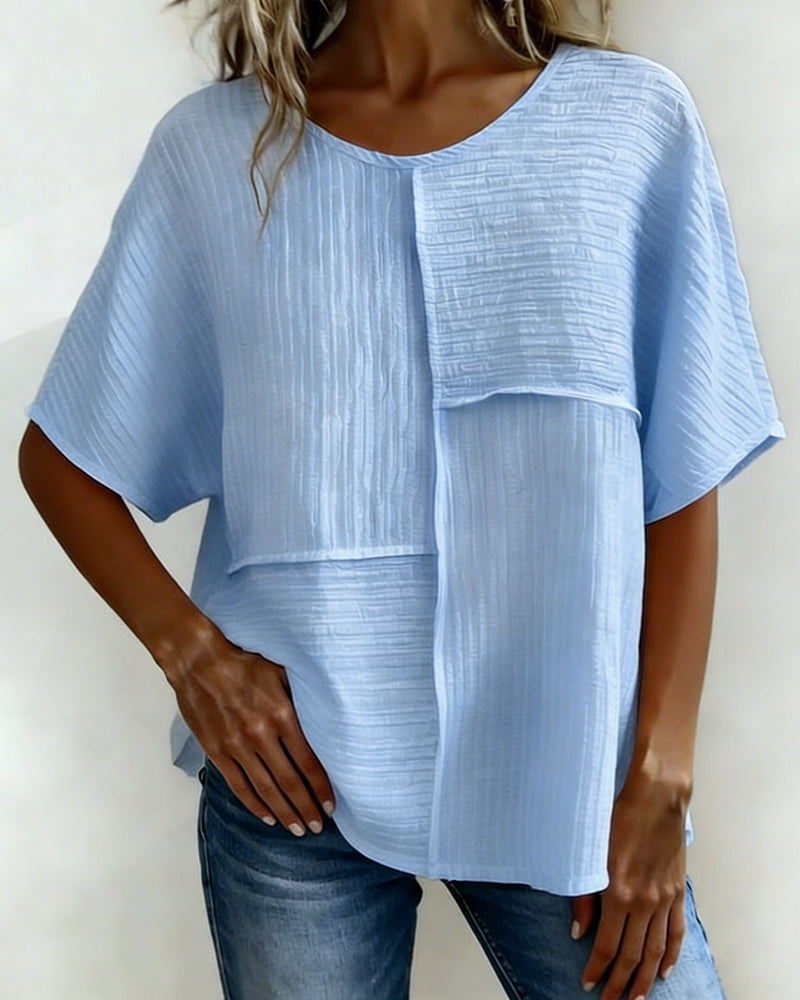 Women's Textured Patchwork Top with Round Neck and Short Sleeves