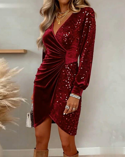 Women’s Velvet Sequin Wrap Mini Dress with Long Sleeves and Draped Waist