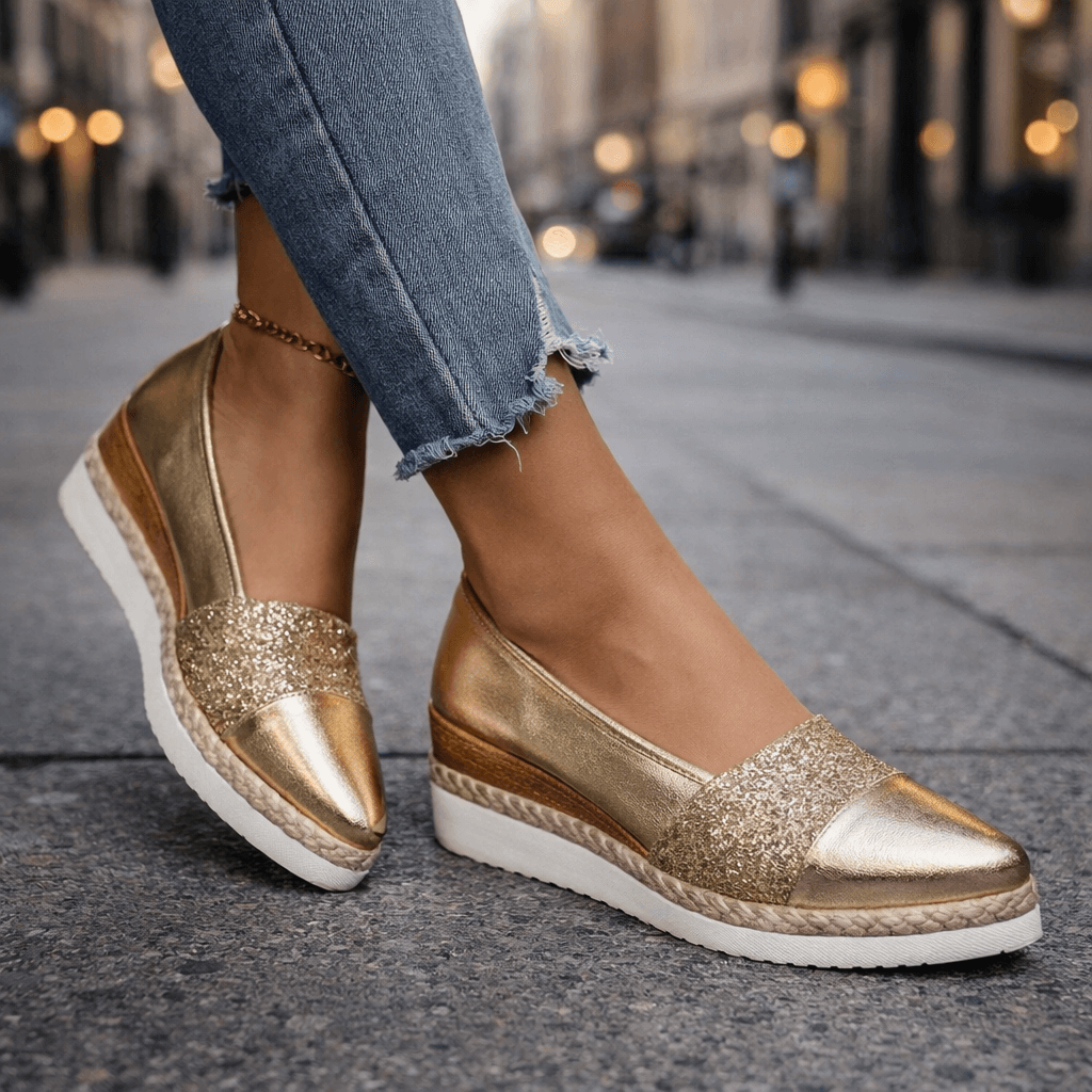 Women’s Glitter Wedge Loafers with Slip On Design and Cushioned Sole